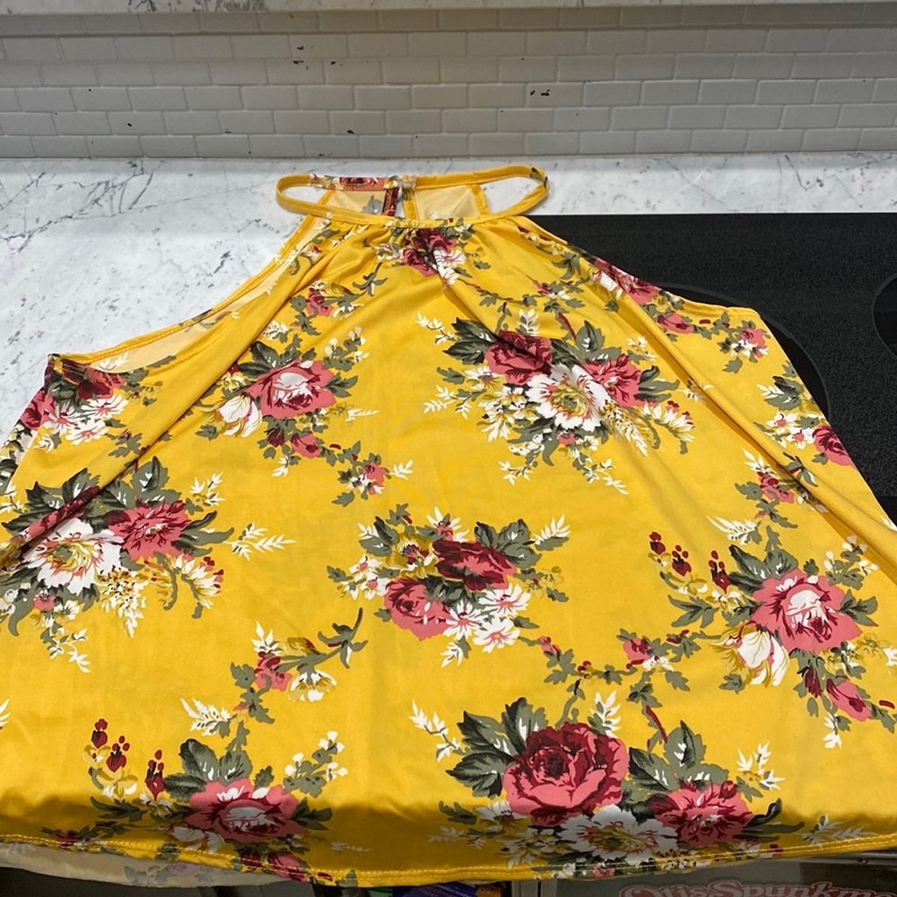divide by zero Yellow with pink flowers halter blouse